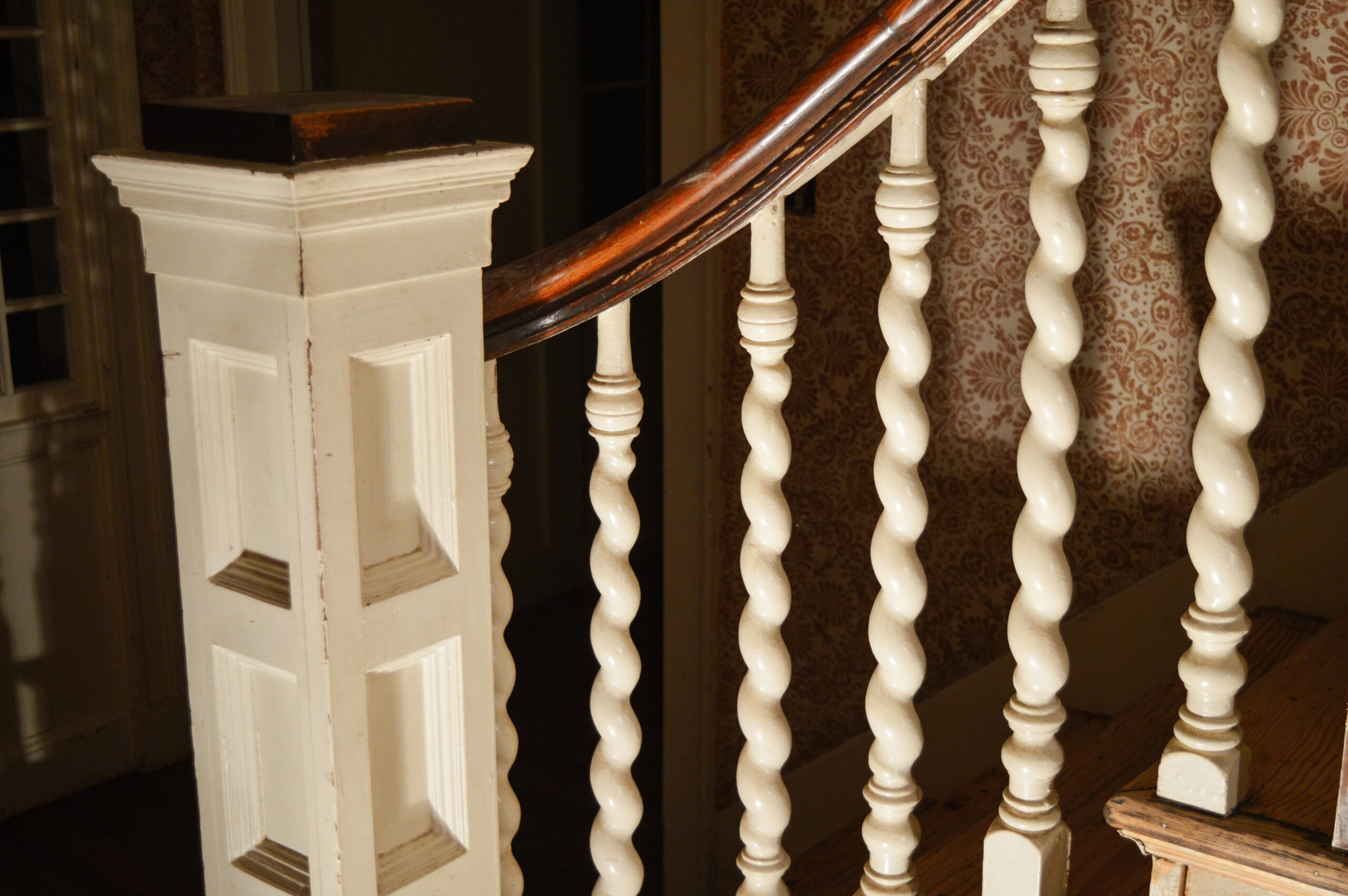 Newel post and Barley Twist Spindles of our antique staircase